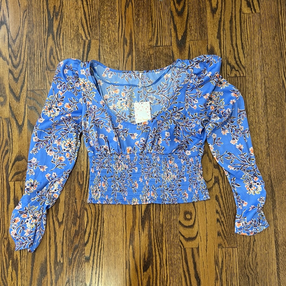 Free People Puff Sleeve Scoop Neck Satin Top